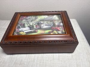 Wood Sankyo Jewelry Memory Music Box What A‎ Wonderul World Pic Frame